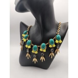 J.Crew Teal Yellow Statement Bib Necklace Gold Tone Crystal Leaf Charms 20in